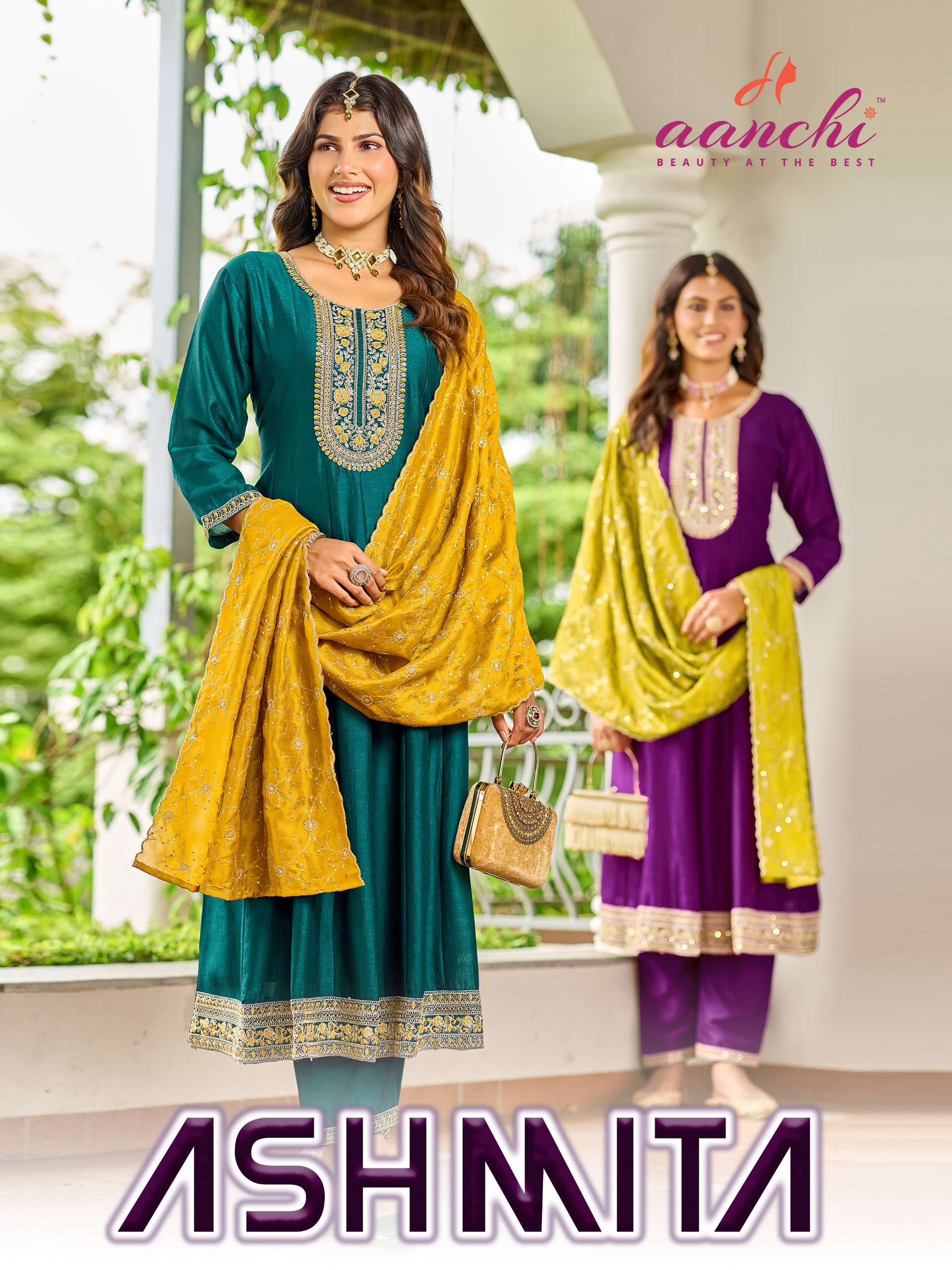 AANCHI ASHMITA SILK SEQUENCE DESIGNER ANARKALI SUIT HEAVY TYPE FESTIVAL IN SURAT